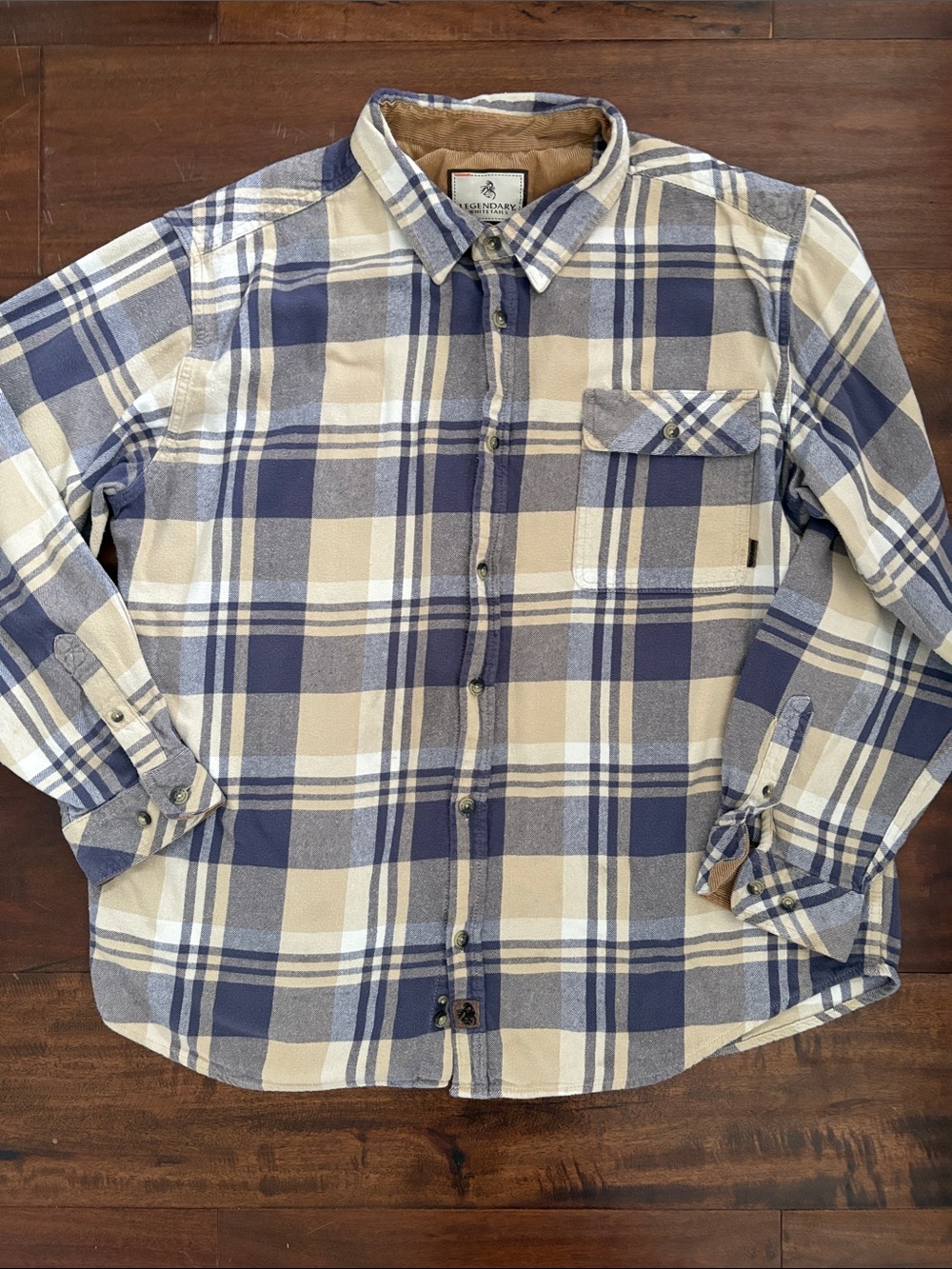 Legendary Whitetails Navy, Tan & Cream Plaid Flannel Shirt